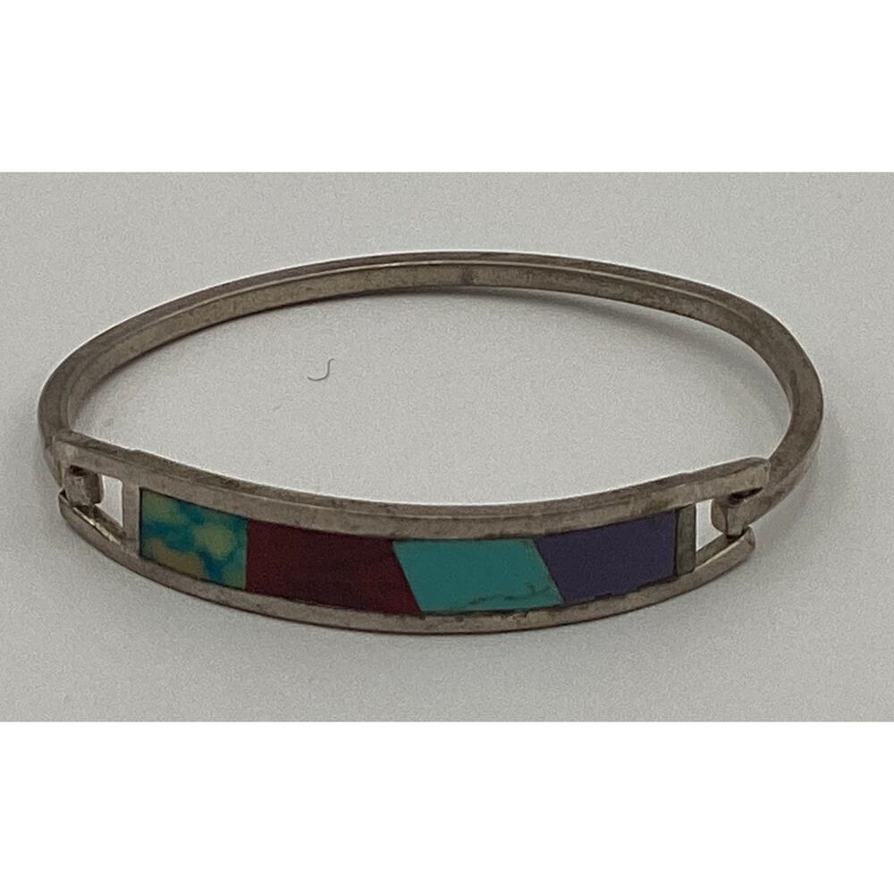 Vntg Mexican "Alpaca" stamp bangle geometric mosaic inlay